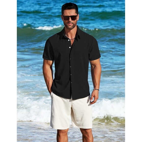 Men's Black Linen Short Sleeve Button Down Casual Shirt Business Dress - Picture 3 of 6